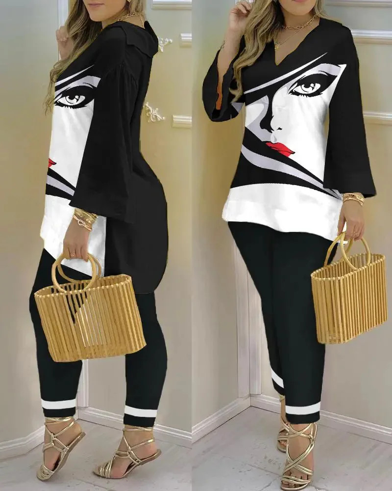 Elegante calça de manga comprida estampada com decote em v, conjunto casual e glamoroso feminino, sexy, novo, primavera e outono