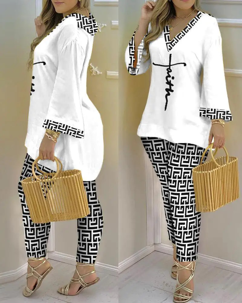 Elegante calça de manga comprida estampada com decote em v, conjunto casual e glamoroso feminino, sexy, novo, primavera e outono